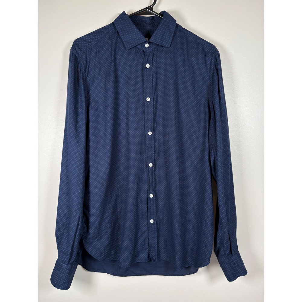 Eidos Napoli Mens Navy Blue Micro Star Cotton Button Up Shirt Italy 15.5 39 Luxe